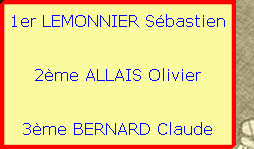 1er LEMONNIER Sébastien

                                           2ème ALLAIS Olivier

                                        3ème BERNARD Claude